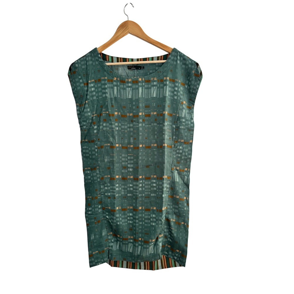 Prana Womens Teal Green Geometric Print Sleeveless Shift Dress Scoop Neck Small
